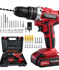 Beastly 21V Brushless Cordless Drill Kit With Two 2.0Ah Batteries And Charger, 39-Piece Bit Set, 3/8-Inch Keyless Chuck displayed.