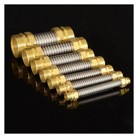 Premium 304 Stainless Steel Flexible Bellows With Heavy Duty Copper Joint For Fan Coil Units Slick No Leak Water Inlet Connector, various sizes shown.
