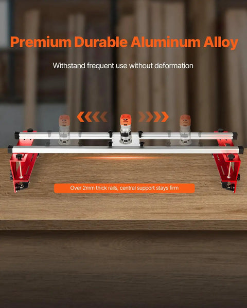 Router Sled For Woodworking Up To 64 Inches With X And Y Axis Adjustable Rails shown on a wooden slab with durable aluminum alloy rails.