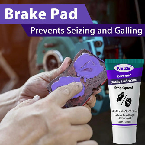 Ceramic Brake Grease Lubricant For Automotive High Temp Caliper Pins And Sliding Pads Eliminates Squeaking Prevents Seizing Reduces Brake Noise Extreme Temp Resistant Up To 3000F 1 Oz 1 Pack shown in use on brake pad
