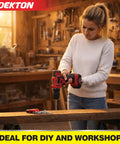 Woman using a drill with Forty Piece 4 Point 0 By 75mm Twin Thread Pozi Countersunk Wood Screws With Bright Zinc Plated Finish