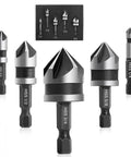 82 Degree Five Flute Countersink Drill Bit Set, Five HSS Bits With One Quarter Inch Hex Shank, displayed in sizes from 1/4 to 3/4 inch.