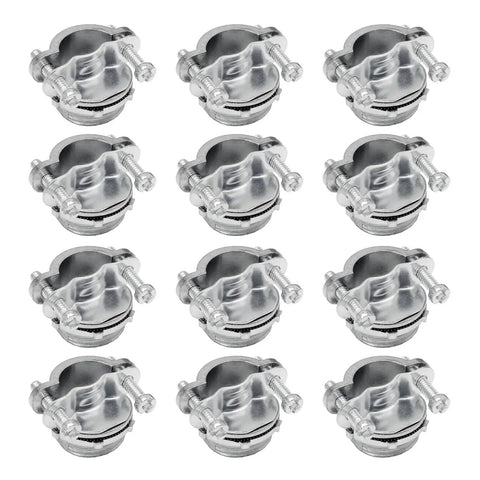 Rock Solid 12 Piece One Half Inch Clamp Cable Connectors No Sweat Zinc Alloy quick install, showcasing shiny silver connectors in pack of 12.
