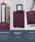 Underseat Carry On Luggage With USB Port 16 Inch Two Wheel Spinner Bag burgundy with handle extended