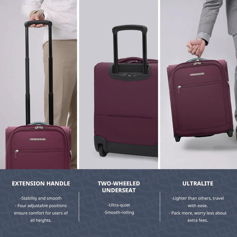 Underseat Carry On Luggage With USB Port 16 Inch Two Wheel Spinner Bag burgundy with handle extended