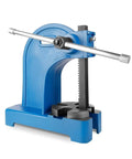 Top Shelf Heavy Duty Manual Arbor Press With Smooth Crank Lever Three Ton Benchtop Shop Press For Precision Stamping Hardware Assembly And Garage Work in blue with steel components.