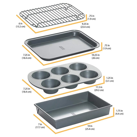 Pro Grade 4 Piece Nonstick Toaster Oven Bakeware Set with heavy duty aluminized steel, includes various pans and cooling rack