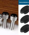 50 Pack Socket Head Screw Cover Caps For M6 Allen Screws shown protecting hex head screws, black, durable plastic