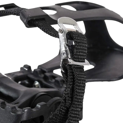 Close-up of 9/16 Inch Bike Pedals With Toe Clips And Straps For Mountain, Road And Exercise Bikes, Durable PP Plastic Pedals.
