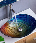 Slick Tempered Glass Vessel Bowls With Clean Striped Oval Shape For Your Modern Bathroom Vanity Counter Setup No Faucet Included showcasing colorful basin design.