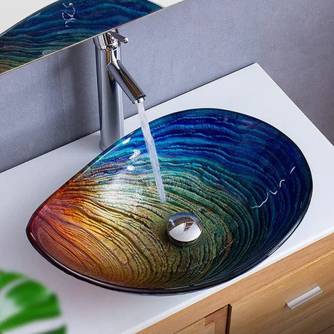 Slick Tempered Glass Vessel Bowls With Clean Striped Oval Shape For Your Modern Bathroom Vanity Counter Setup No Faucet Included showcasing colorful basin design.