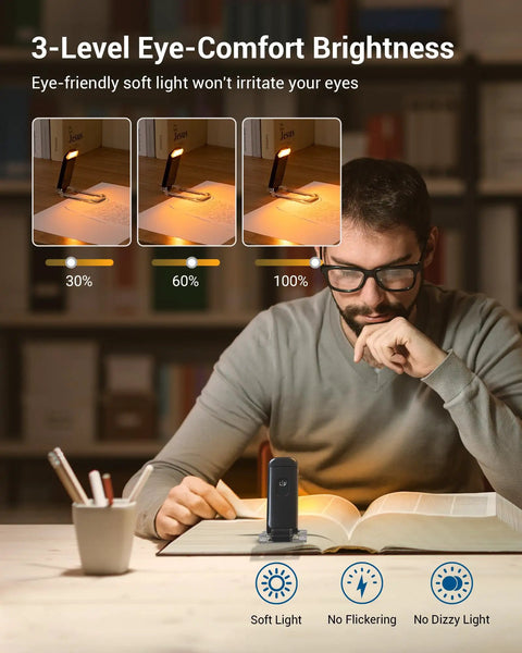 Man reading with Amber Glow Clip On Book Light With 1800K Eye Care LED, showing 3-level brightness, in a dimly lit library.