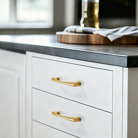 10 Pack 5 Inch Champagne Bronze Cabinet Handles And Drawer Pulls installed on white kitchen drawers