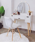 White vanity table with mirror and white chair, supported by Dope Beech Wood Furniture Legs 10cm To 40cm Adjustable Height.