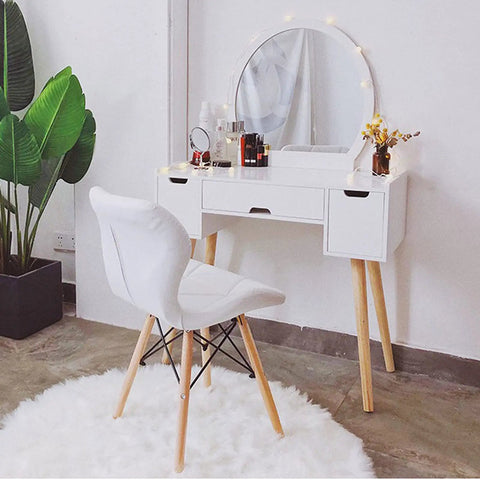 White vanity table with mirror and white chair, supported by Dope Beech Wood Furniture Legs 10cm To 40cm Adjustable Height.