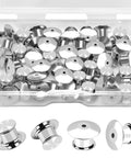 Hella Secure 30 Pack Locking Pin Backs For Sewing Needles, Nickel Plated Copper Clasp Keepers With Spring Loaded Snap in clear box.