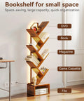 6-tier tree bookshelf with LED lights, narrow wood and steel bookcase, showcasing storage in a living room corner, mood lighting.