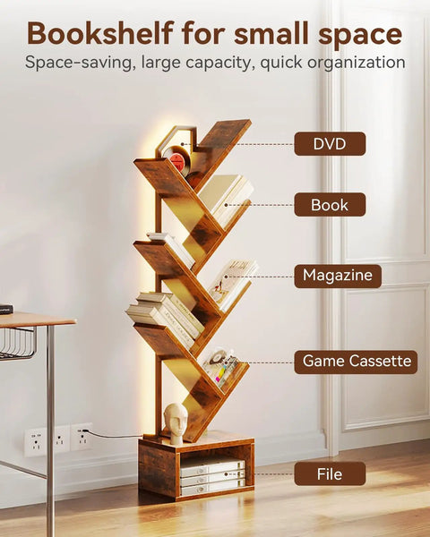 6-tier tree bookshelf with LED lights, narrow wood and steel bookcase, showcasing storage in a living room corner, mood lighting.