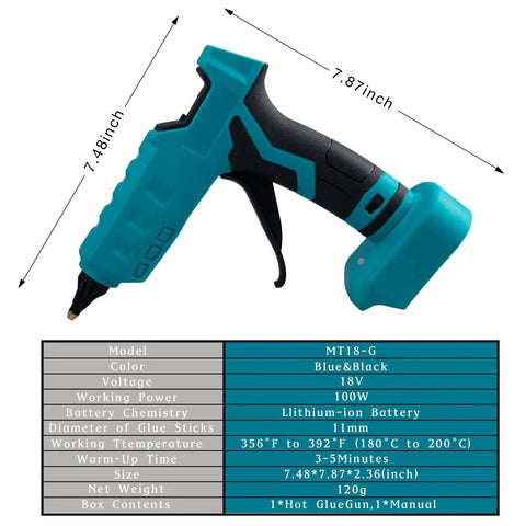 Cordless Hot Glue Gun Compatible With Makita 18V Battery Tool Only Full Size Workhorse with dimensions and specifications