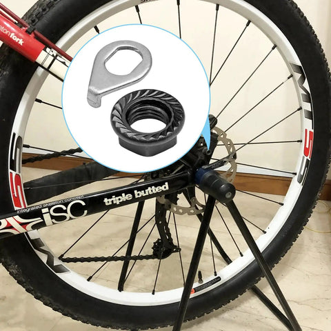 Rear bike wheel with close-up of 12 Piece Bike Wheel Axle Nuts and Safety Washers Kit for Front and Rear Wheels, M8 M9.5 M10 Sizes