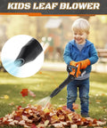 Child playing with 3-in-1 Kids Yard Tools Set With Realistic Lights And Sounds, Kid-Friendly Leaf Blower Toy in use outdoors.
