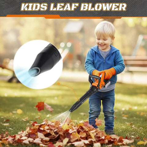 Child playing with 3-in-1 Kids Yard Tools Set With Realistic Lights And Sounds, Kid-Friendly Leaf Blower Toy in use outdoors.