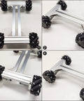 Front view of a four-wheel 4WD metal robot car chassis kit with silver aluminum rails and 97mm mecanum wheels.
Side view of a four-wheel 4WD metal robot car chassis kit with silver aluminum rails and 97mm mecanum wheels.
Close-up of a 97mm mecanum wheel module mounted to the silver aluminum frame.
Installed view of the assembled four-wheel robot moving platform on aluminum rails.