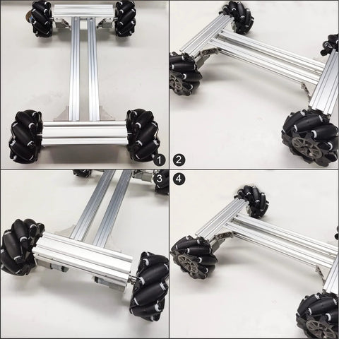 Front view of a four-wheel 4WD metal robot car chassis kit with silver aluminum rails and 97mm mecanum wheels.
Side view of a four-wheel 4WD metal robot car chassis kit with silver aluminum rails and 97mm mecanum wheels.
Close-up of a 97mm mecanum wheel module mounted to the silver aluminum frame.
Installed view of the assembled four-wheel robot moving platform on aluminum rails.