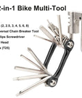 All In One Carbon Steel Bike Multi Tool For Road And Mountain Bikes With 12 Precision Tools Including Chain Breaker Tire Kit