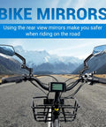 Front view of Dope EBike Handlebars Mirror Set, 360 Degree Adjustable Bicycle Rear View Mirrors, on a road with mountain backdrop.