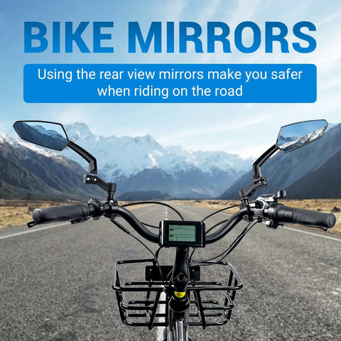 Front view of Dope EBike Handlebars Mirror Set, 360 Degree Adjustable Bicycle Rear View Mirrors, on a road with mountain backdrop.