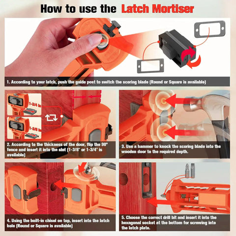 Premium Door Lock Installation Kit With Switchable Blades And Top Chisel Latch Mortise Tool Perfect For 1 3⁄8 To 1 3⁄4 Inch Thick Doors And Serious DIY Home Pros Who Need Reliable Hardware Solutions Fast. orange latch mortiser tool on wood door, switchable blades and chisel