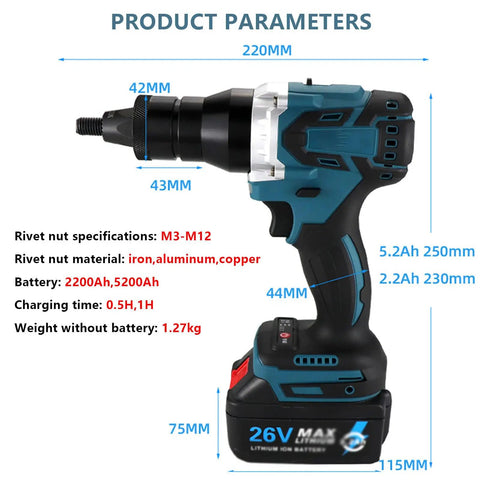 Heavy Duty Cordless Rivet Nut Gun Set With Rechargeable Battery And M3 To M12 Mandrels side view with dimensions and battery specifications.