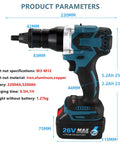 Heavy Hitter Cordless Rivet Gun Kit With Dual Swappable Batteries And Complete M3 Through M12 Rivet Assortment For Quick Diy Repairs On Site Construction Projects side view showcasing size and specifications, 26V battery included.