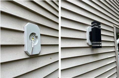 5 Pack Siding Mounting Blocks With Built In Electrical Box For Half Inch Vinyl Siding White Exterior Mounting Plate Kit For Lights Outlets And Cameras DIY Ready No Fuss Outdoor Fixture Mount installed on light beige siding