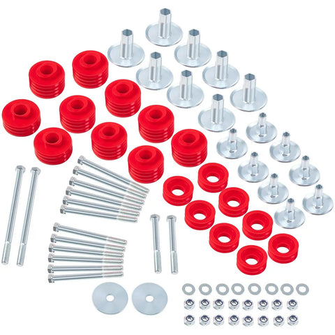 F Series Body Mount Bushing Kit With Polyurethane Cushions Steel Sleeves And Hardware For 1999 2007 Ford F250 F350 Super Duty 2WD 4WD XL XLT Lariat King Ranch Harley Edition Cab Mounts Direct Replacement red polyurethane bushings, steel sleeves, bolts
