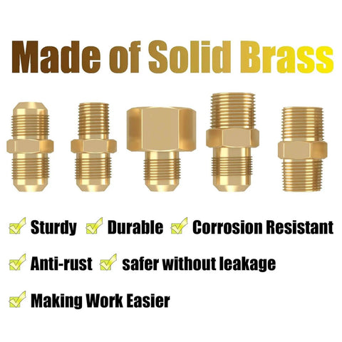 Five solid brass propane hose adapters for 12 Ft High Pressure Braided Propane Hose Extension With Conversion Couplings For BBQ Grill, Fire Pit, And Heater.