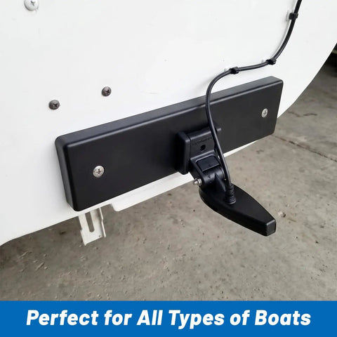 Dope Transducer Mounting Plate With Screws For Boats UV Resistant Marine Grade Transom Pad For Fish Finder And Sonar White HDPE Board 12 Inch By 3.5 Inch By 0.75 Inch mounted on boat transom