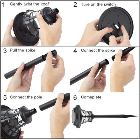 Step-by-step assembly of Six Pack Solar Pathway Lights Outdoor Waterproof Garden Lights With Metal And Glass Warm White LED.