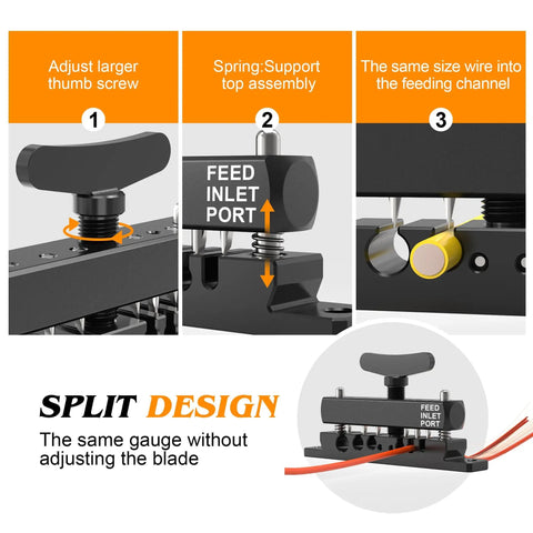 Adjustable and Portable Wire Stripper Machine for DIYers and Pros, showing blade depth adjustment and feed inlet port.