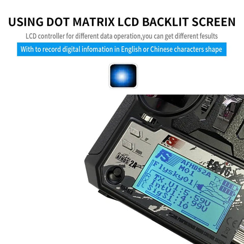Close-up of 10 Channel 2.4GHz RC Transmitter With FS-iA10B Receiver and dot matrix LCD backlit screen displaying data