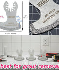 Diamond Grout Multitool Blade Set For Grout Removal, 3 Pack, thickness details, oscillating tool blades on tile surface