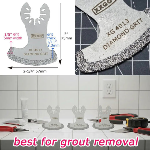 Diamond Grout Multitool Blade Set For Grout Removal, 3 Pack, thickness details, oscillating tool blades on tile surface