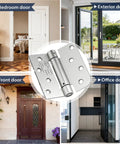 Tough As Nails 2 Pack 4 Inch Self Closing Door Hinges Square Shape With Rounded Edge Profiles And Full Stainless Mounting Kit in various door settings.