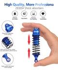 One Tenth Scale RC Car Front And Rear Shock Absorber Set held in hand, showing extended blue alloy shock absorber