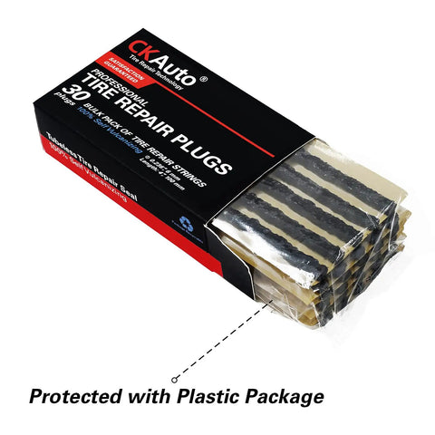 Heavy Duty 30 Piece Tire Repair Plugs For Tubeless Tires in plastic packaging, black rubber strips for quick puncture fixes.