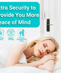 Sleeping woman under text 'Extra Security to Provide You More Peace of Mind' with a door lock visible in the background.