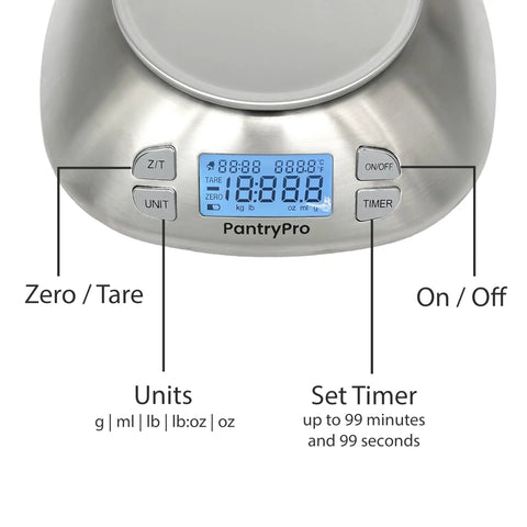 Stainless Steel Digital Kitchen Scale With Bowl For Food And Coffee Lab LCD Display showing tare and unit buttons