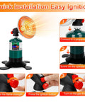 Portable Propane Camping Heater For Tents And Outdoor Spaces with Easy Control Valve and Foldable Stand shown with instructions.
