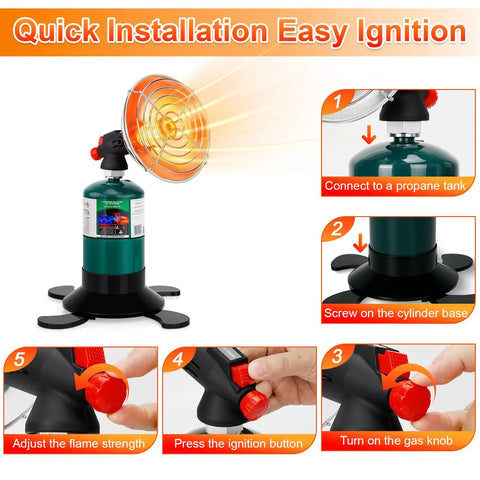 Portable Propane Camping Heater For Tents And Outdoor Spaces with Easy Control Valve and Foldable Stand shown with instructions.